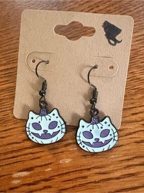 Cat Pumpkin Dangle Earrings in Pale Mint and Purple